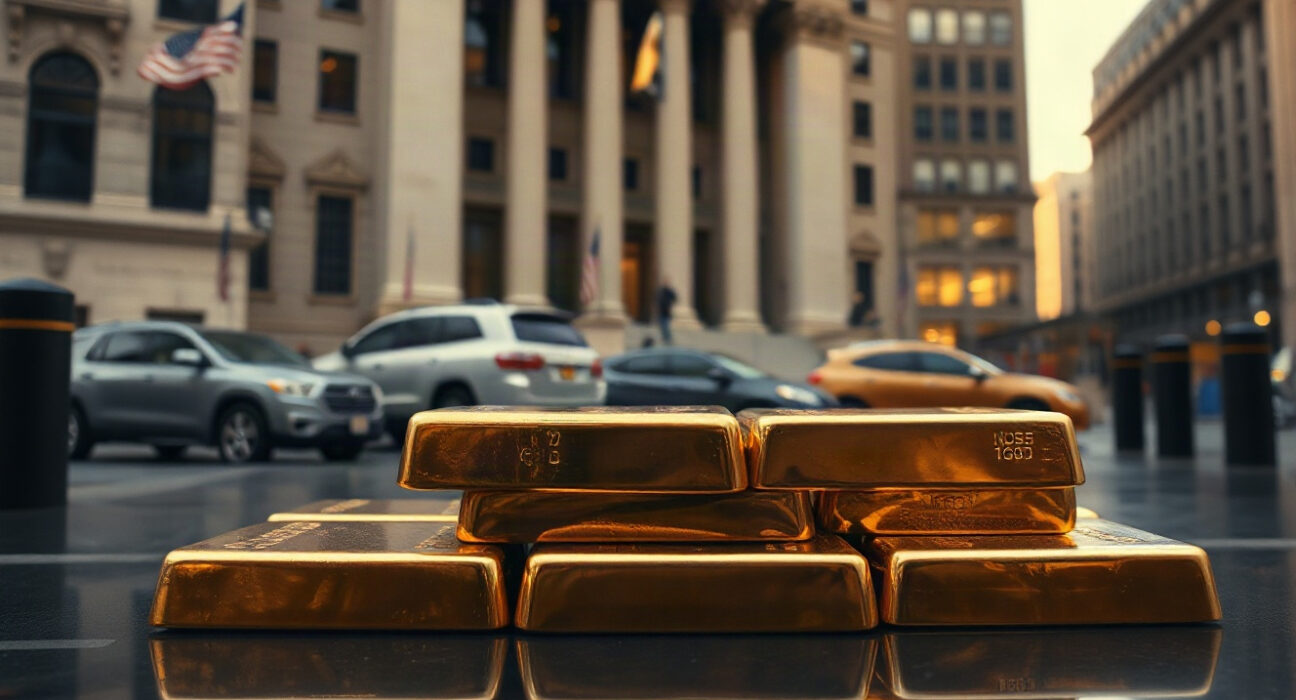 Gold bullion bars in foreground with US Treasury building in background