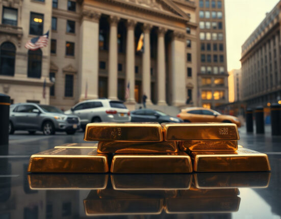 Gold bullion bars in foreground with US Treasury building in background
