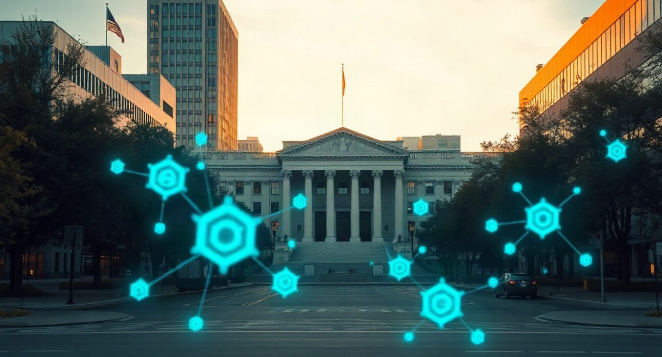 U.S. Treasury building with digital quantum computing overlay representing financial cybersecurity