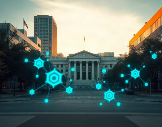 U.S. Treasury building with digital quantum computing overlay representing financial cybersecurity