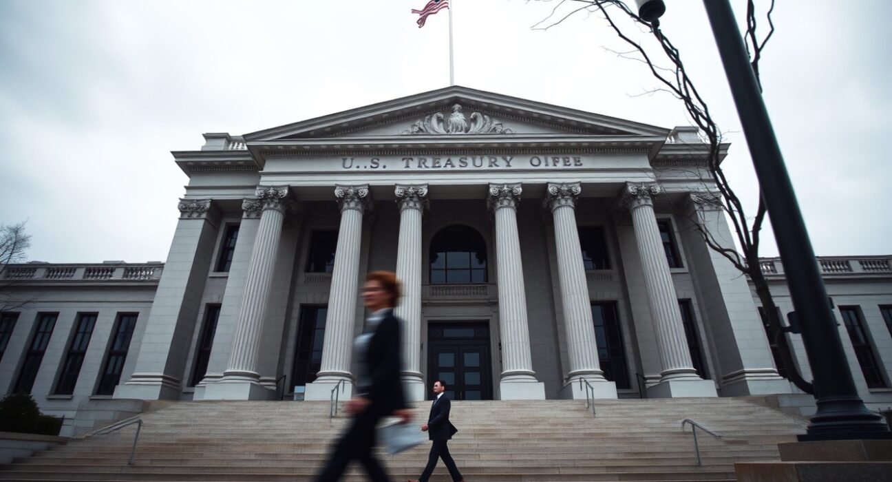 U.S. Treasury building in Washington, D.C., under overcast sky, representing government sanctions threat against Chinese AI firm Moonshot.