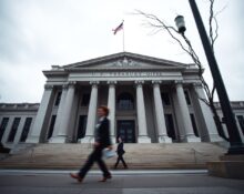U.S. Treasury building in Washington, D.C., under overcast sky, representing government sanctions threat against Chinese AI firm Moonshot.