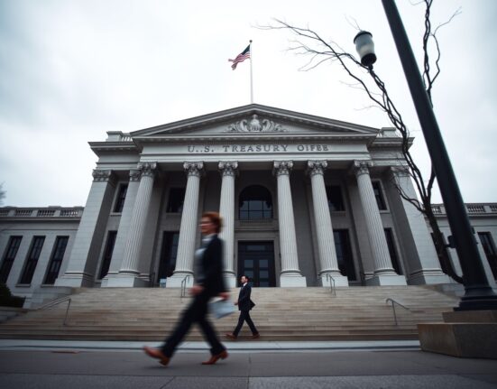 U.S. Treasury building in Washington, D.C., under overcast sky, representing government sanctions threat against Chinese AI firm Moonshot.