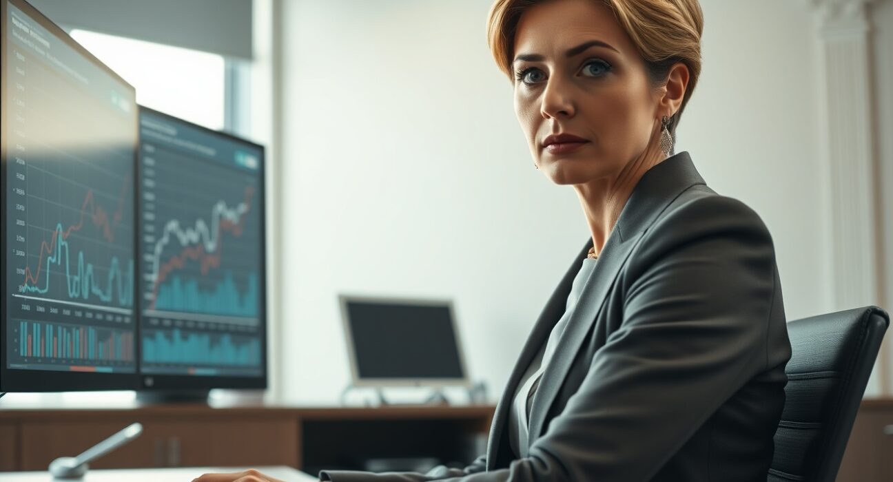 Treasury Secretary Bessent analyzing economic data and interest rate charts in her office.