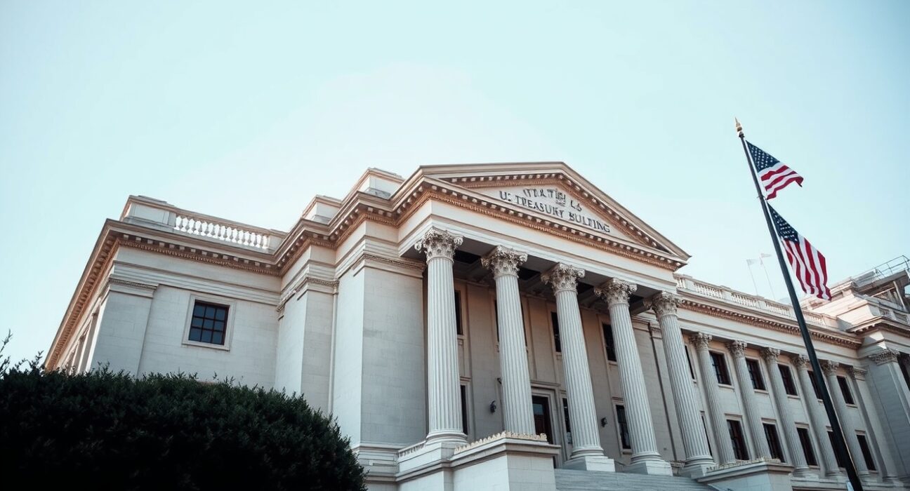 Exterior of the U.S. Treasury Building in Washington, D.C. on a clear day.
