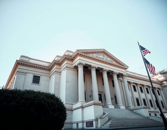 Exterior of the U.S. Treasury Building in Washington, D.C. on a clear day.