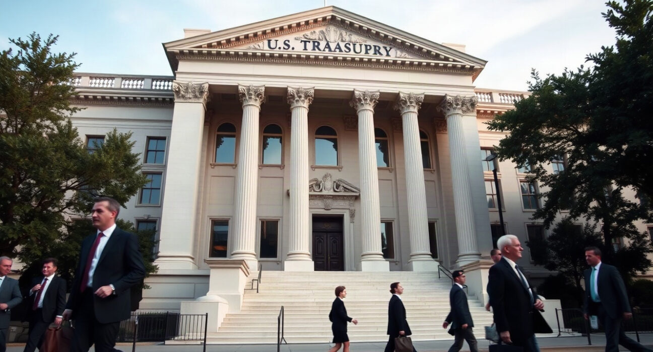 U.S. Treasury Building in Washington, D.C., on a sunny day with pedestrians nearby.