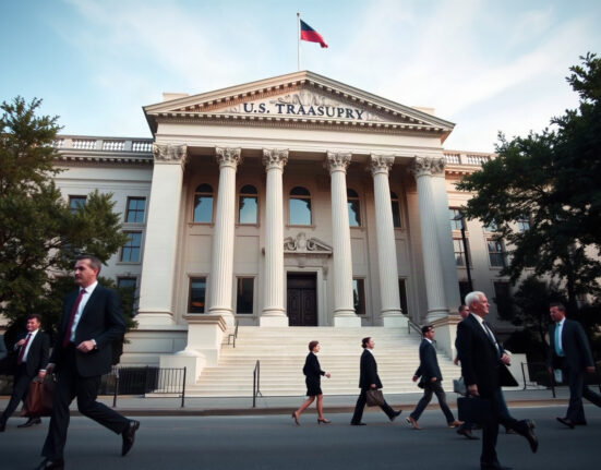 U.S. Treasury Building in Washington, D.C., on a sunny day with pedestrians nearby.