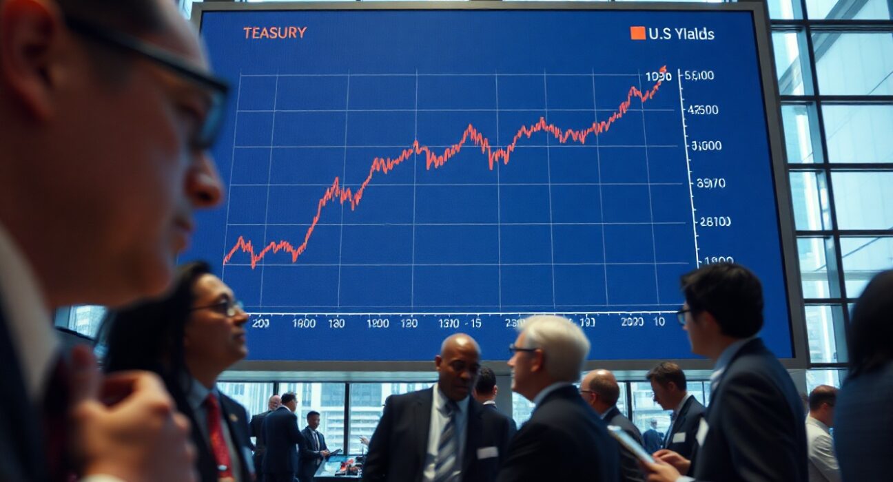 Electronic board showing rising U.S. Treasury yields on a trading floor