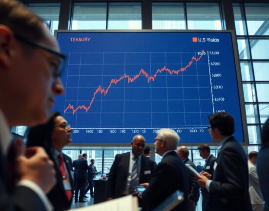 Electronic board showing rising U.S. Treasury yields on a trading floor