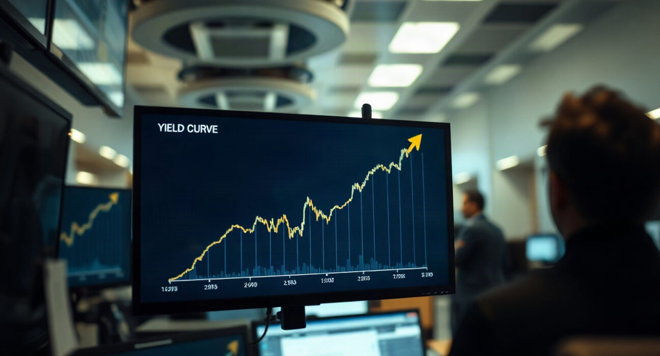 Financial screen showing rising Treasury yield curve on a trading floor