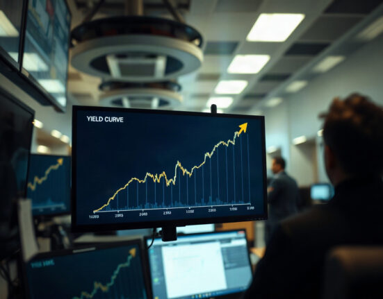 Financial screen showing rising Treasury yield curve on a trading floor