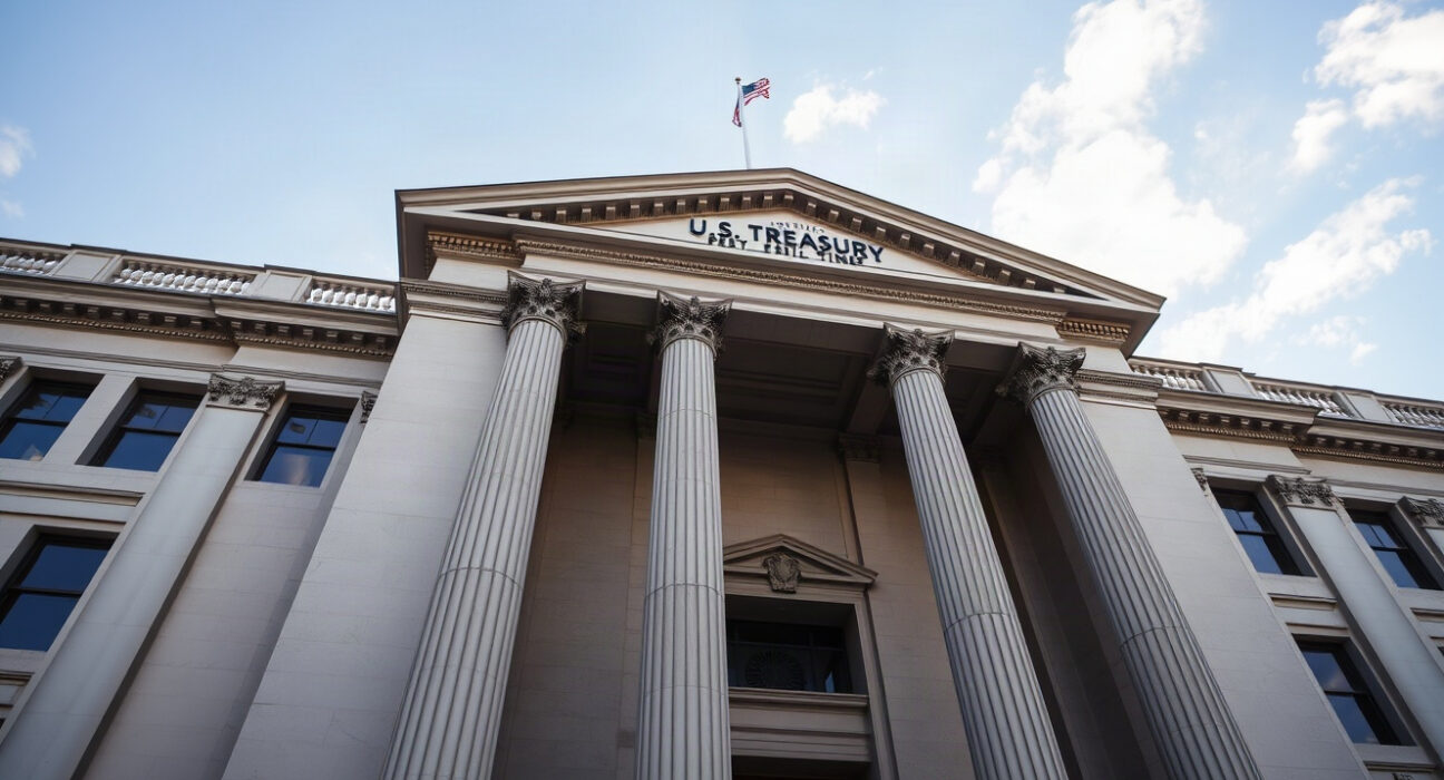 U.S. Treasury Building in Washington, D.C., with clear sky, symbolizing economic policy and bond market outlook.