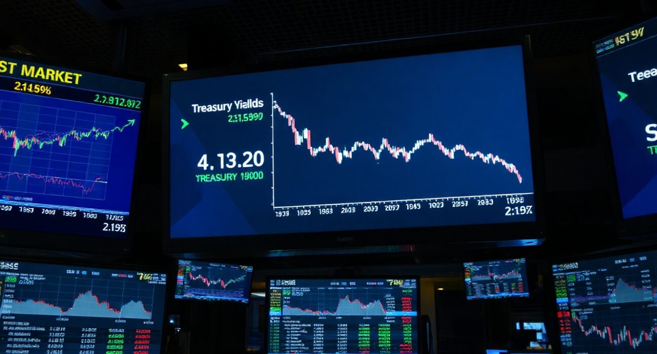 Financial market screens showing Treasury yield charts as investors await CPI report