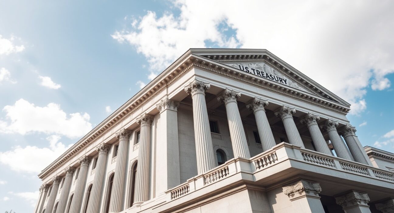 U.S. Treasury building in Washington, D.C., on a sunny day, representing bond market and Federal Reserve policy.