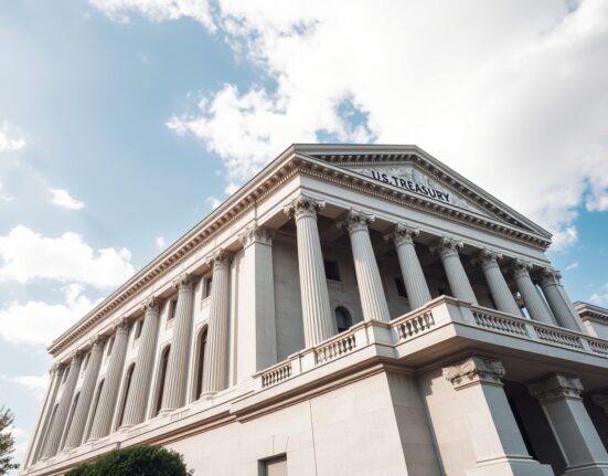 U.S. Treasury building in Washington, D.C., on a sunny day, representing bond market and Federal Reserve policy.