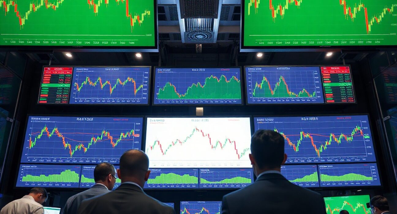 Financial trading floor with screens showing bond yield charts and market data