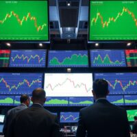 Financial trading floor with screens showing bond yield charts and market data
