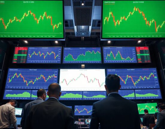 Financial trading floor with screens showing bond yield charts and market data