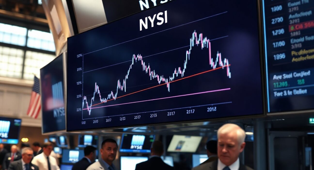 Digital display showing rising 10-year Treasury yield chart on exchange floor