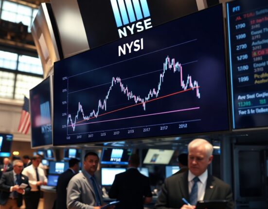 Digital display showing rising 10-year Treasury yield chart on exchange floor