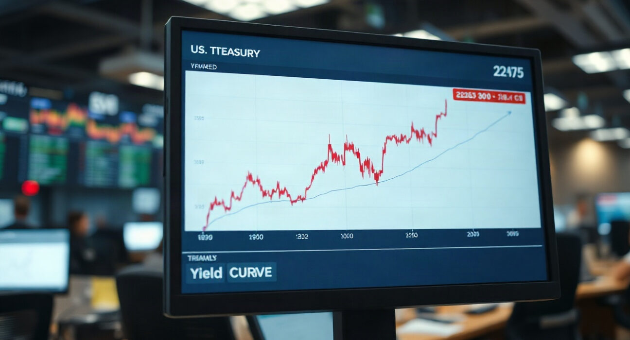A financial chart showing US Treasury yields rising on a computer screen in a newsroom.
