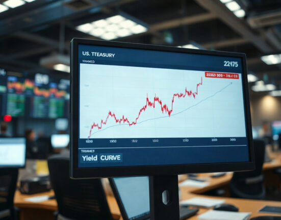 A financial chart showing US Treasury yields rising on a computer screen in a newsroom.