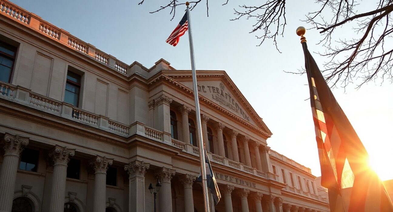 US Treasury building in Washington DC on a sunny afternoon, with American flag flying