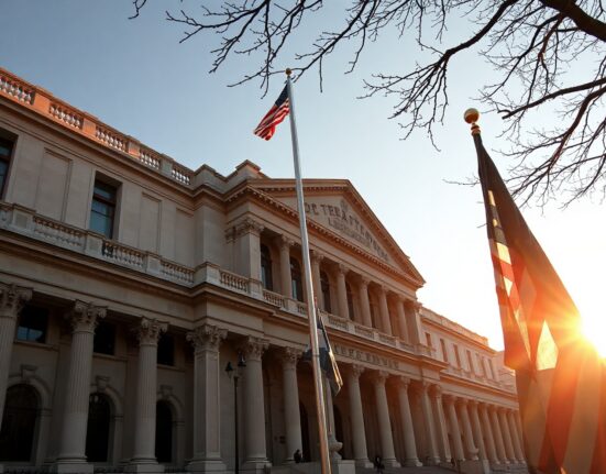 US Treasury building in Washington DC on a sunny afternoon, with American flag flying