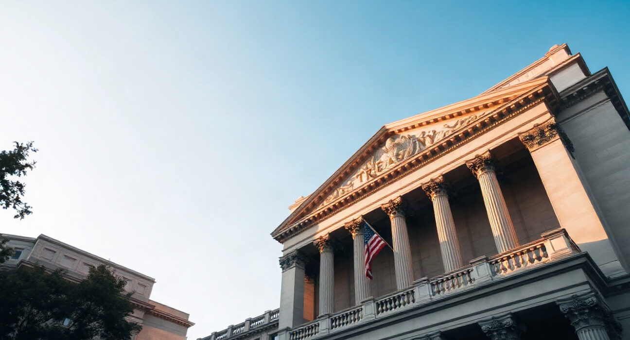 U.S. Treasury building in Washington D.C. on a sunny day, symbolizing bond market and Federal Reserve policy shifts.