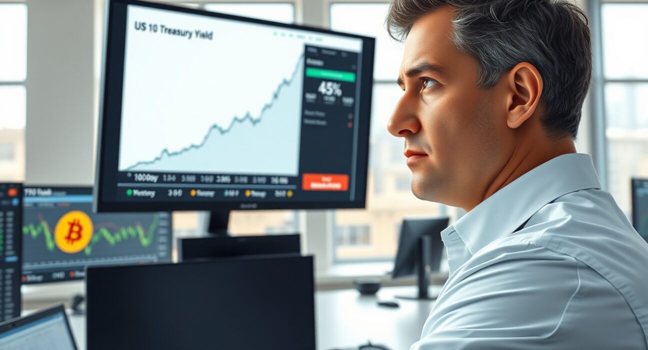 Financial analyst monitoring rising US Treasury yields and cryptocurrency markets in trading environment