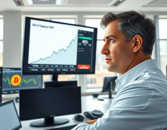 Financial analyst monitoring rising US Treasury yields and cryptocurrency markets in trading environment