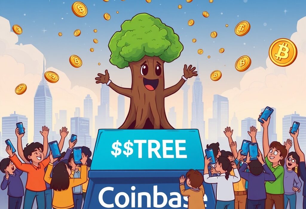 A cartoon illustration depicting the excitement around the TREE Coinbase listing, with a tree character on a platform and cheering investors.