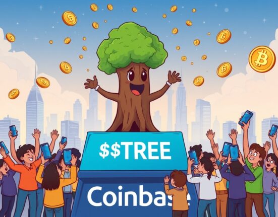 A cartoon illustration depicting the excitement around the TREE Coinbase listing, with a tree character on a platform and cheering investors.