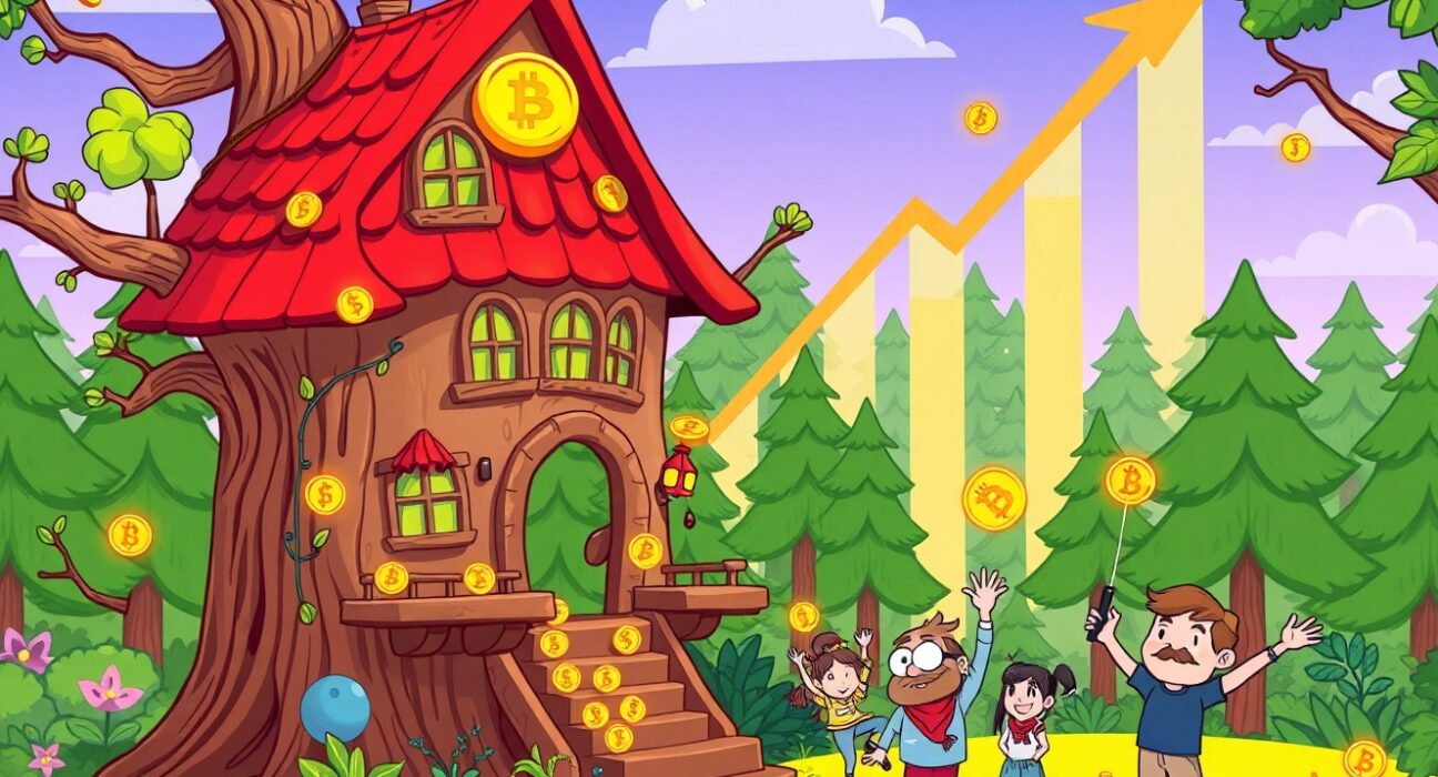 Treehouse TREE buyback illustration showing a vibrant treehouse with digital coins symbolizing token value growth.