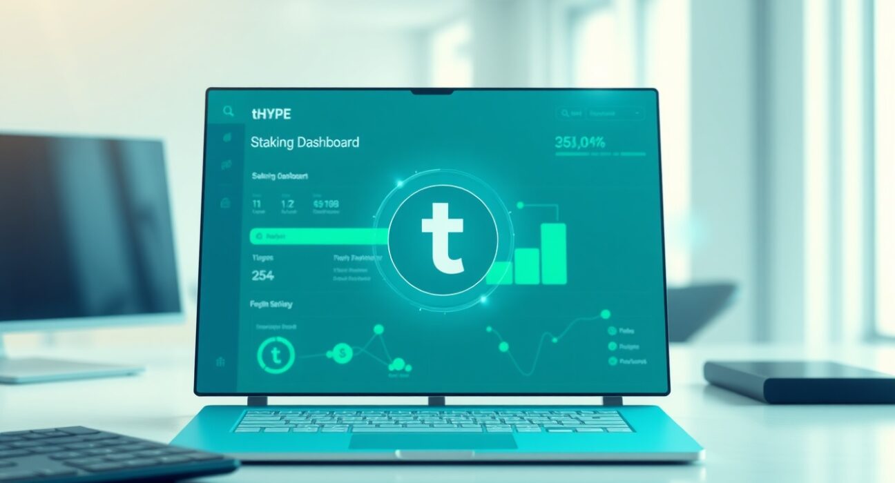Digital dashboard displaying tHYPE liquid staking token interface with blockchain network background