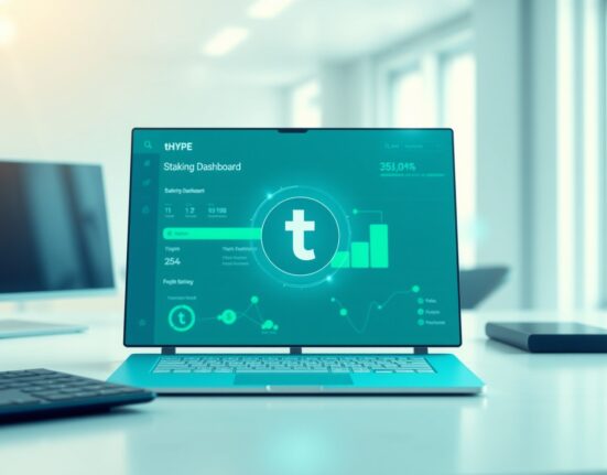Digital dashboard displaying tHYPE liquid staking token interface with blockchain network background