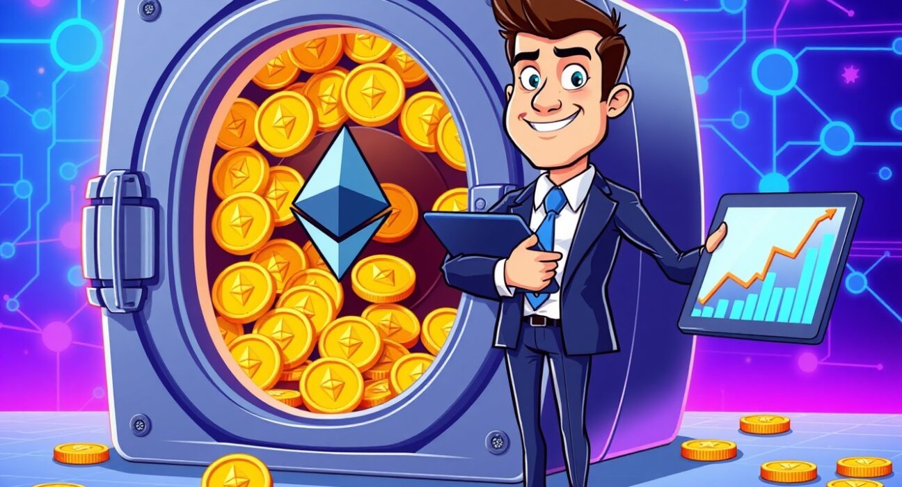 A vibrant cartoon of Trend Research's massive and growing Ethereum (ETH) holdings in a secure digital vault.