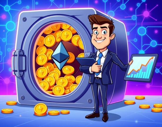 A vibrant cartoon of Trend Research's massive and growing Ethereum (ETH) holdings in a secure digital vault.