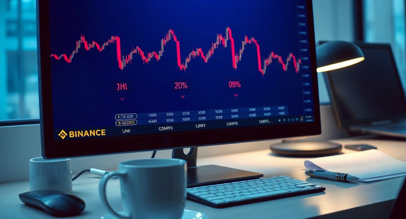 Computer monitor showing cryptocurrency trading chart with downward red arrows and Binance interface for UNI and COMP tokens.