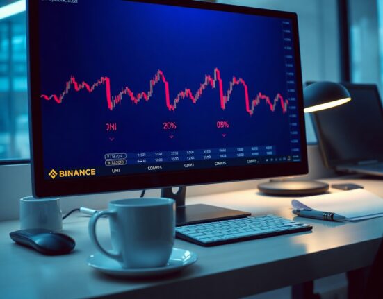 Computer monitor showing cryptocurrency trading chart with downward red arrows and Binance interface for UNI and COMP tokens.