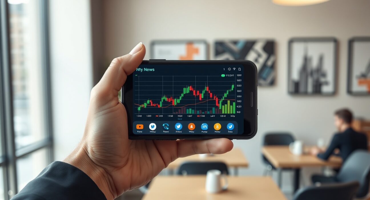 Smartphone displaying trending cryptocurrency charts and social media data for market analysis.