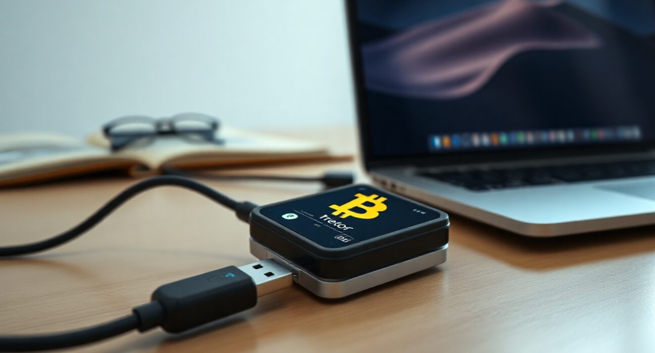 Bitcoin hardware wallet connected to a laptop on a desk, symbolizing self-custody and security.