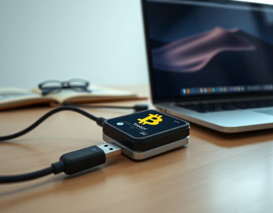 Bitcoin hardware wallet connected to a laptop on a desk, symbolizing self-custody and security.