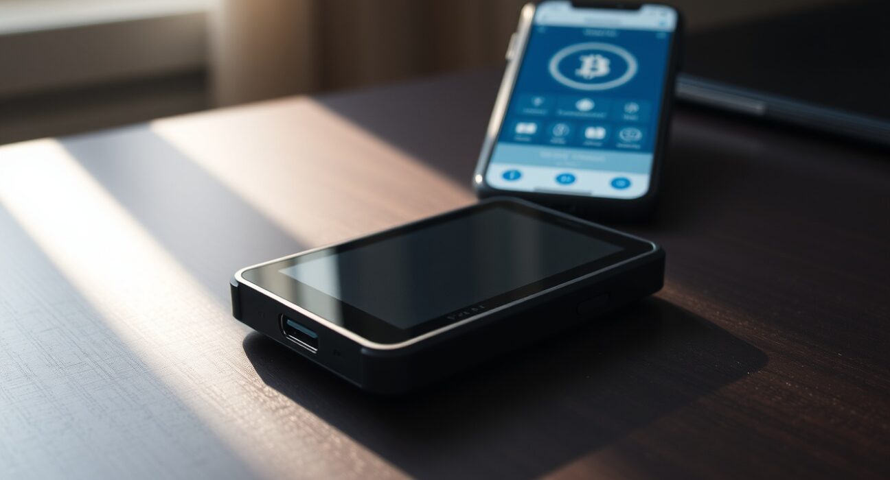 A Trezor hardware wallet on a desk next to a smartphone, illustrating the debate over crypto self-custody methods.