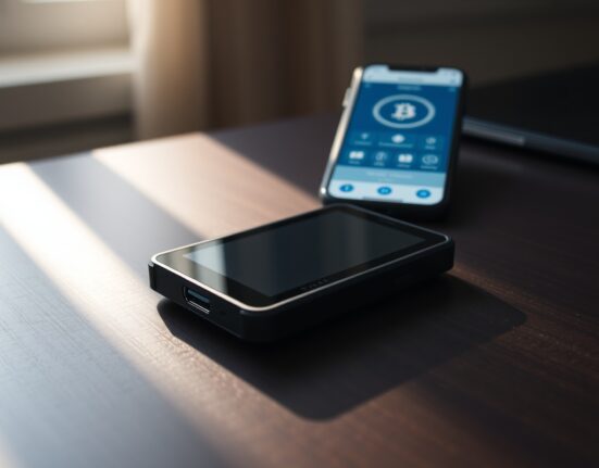 A Trezor hardware wallet on a desk next to a smartphone, illustrating the debate over crypto self-custody methods.