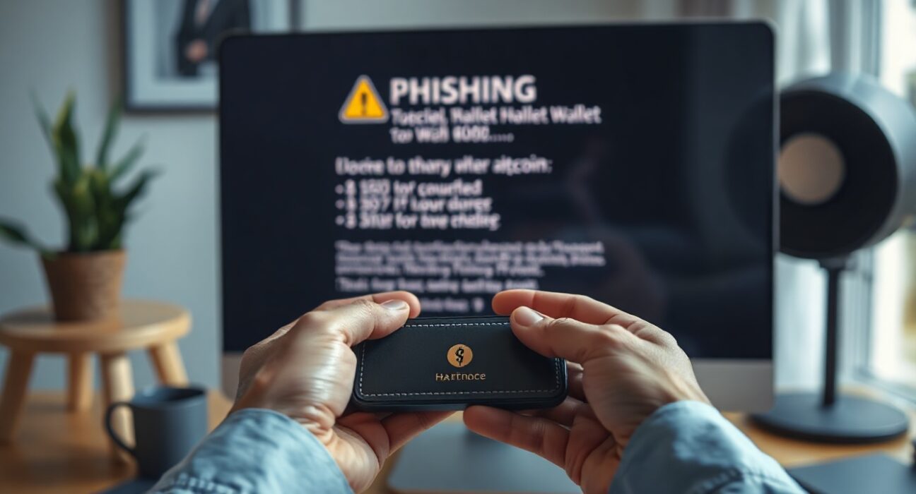 Trezor hardware wallet held in hands with computer warning screen in background
