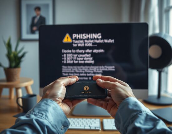 Trezor hardware wallet held in hands with computer warning screen in background