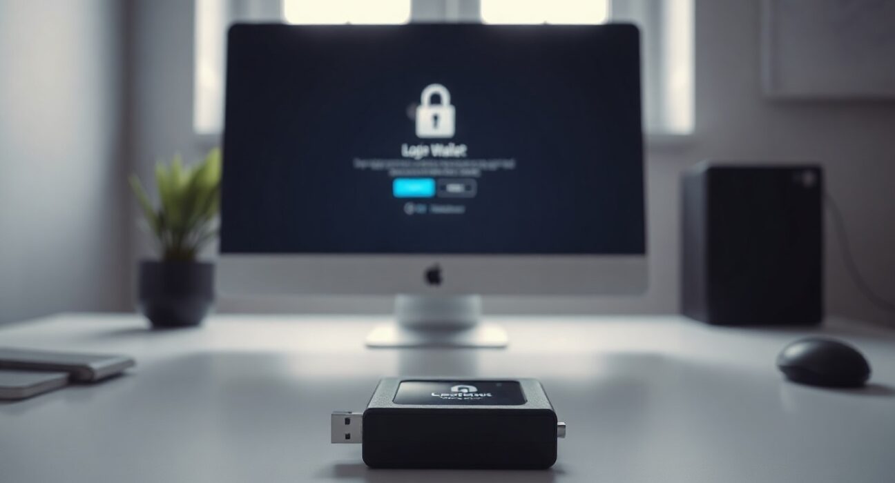 Trezor hardware wallet on a desk with a computer in the background, symbolizing a security breach alert
