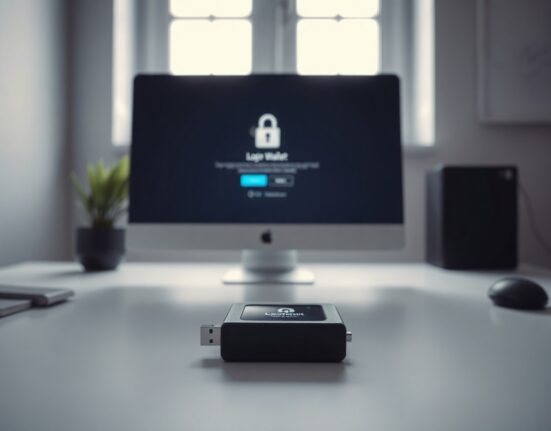 Trezor hardware wallet on a desk with a computer in the background, symbolizing a security breach alert